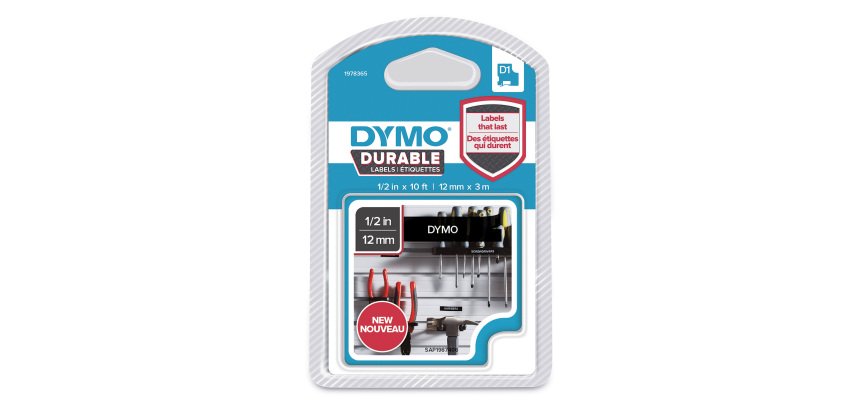 Dymo D1 1978365 Authentic Durable Label Tape Self Adhesive White Print on Black 12 mm x 3m