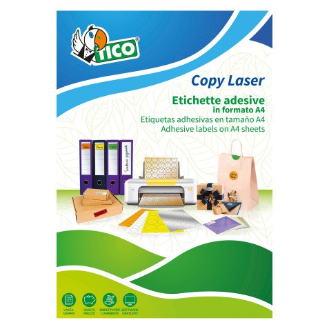 Etichette adesive Tico in carta fluorescente gialla 210x297mm, 1 etichette per foglio, adesivo permanente, laser/inkjet, 70 fogli