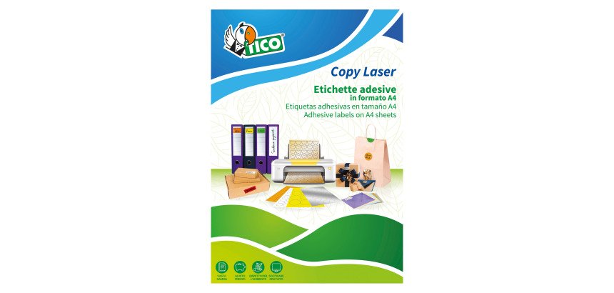 Etichette adesive Tico in carta fluorescente gialla 210x297mm, 1 etichette per foglio, adesivo permanente, laser/inkjet, 70 fogli