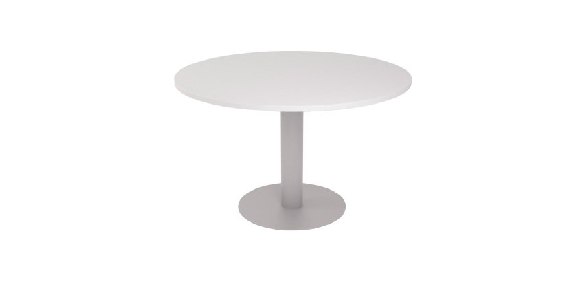 Circular meeting table, 120 cm in diameter, with a central metal base.