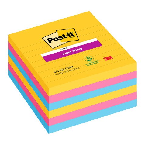 Post-it Super Sticky Notes 101 x 101 mm Assorted Square Ruled 6 Pads of 90 Sheets