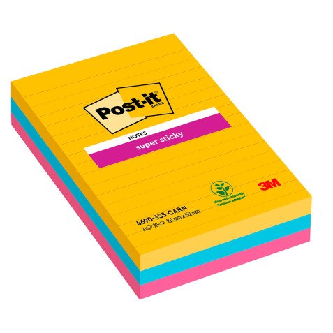 Post-it Rio De Janeiro Super Sticky Large  Notes 101 x 152 mm Assorted Colours Rectangular Ruled 3 Pads of 90 Sheets