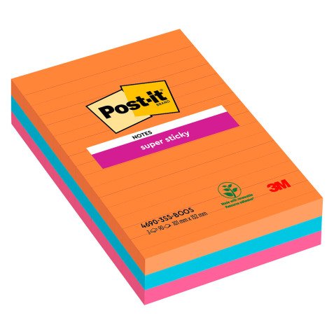 Post-it Bangkok Super Sticky Large  Notes 101 x 152 mm Assorted Colours Rectangular Ruled 3 Pads of 90 Sheets