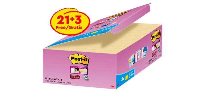 Post-it Super Sticky Notes 47.6 x 47.6 mm 90 Sheets Canary Yellow Value Pack 21 + 3 Free