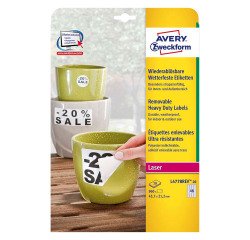 Etichette adesive Avery resistenti in poliestere bianco 210x297mm, 1 etichetta per foglio, adesivo rimovibile, laser, 20 fogli