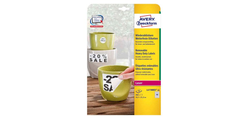Etichette adesive Avery resistenti in poliestere bianco 210x297mm, 1 etichetta per foglio, adesivo rimovibile, laser, 20 fogli