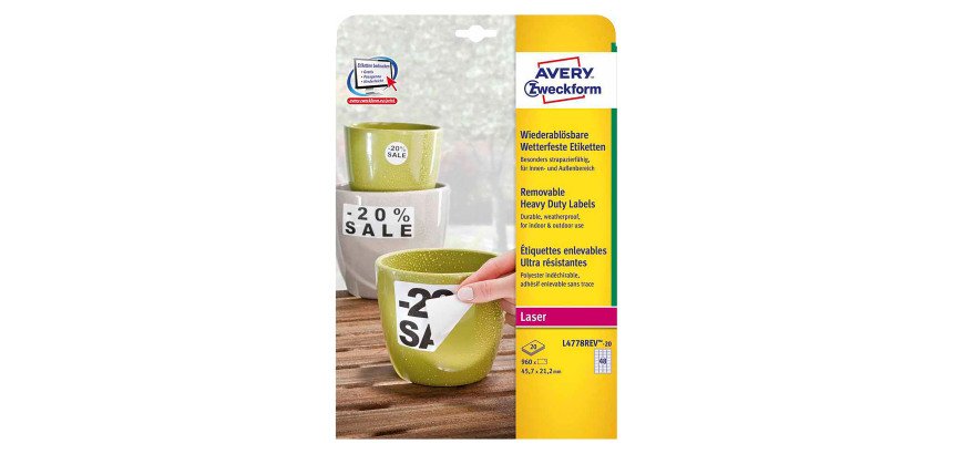 AVERY Zweckform L4773REV-20 Labels 63.5 x 33.9 mm White Rectangular 20 Sheets of 24 Labels