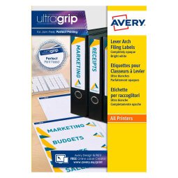 Etichette adesive Avery in carta bianca coprente per raccoglitori 192x61mm, 4 etichette per foglio, adesivo permanente, laser, 25 fogli