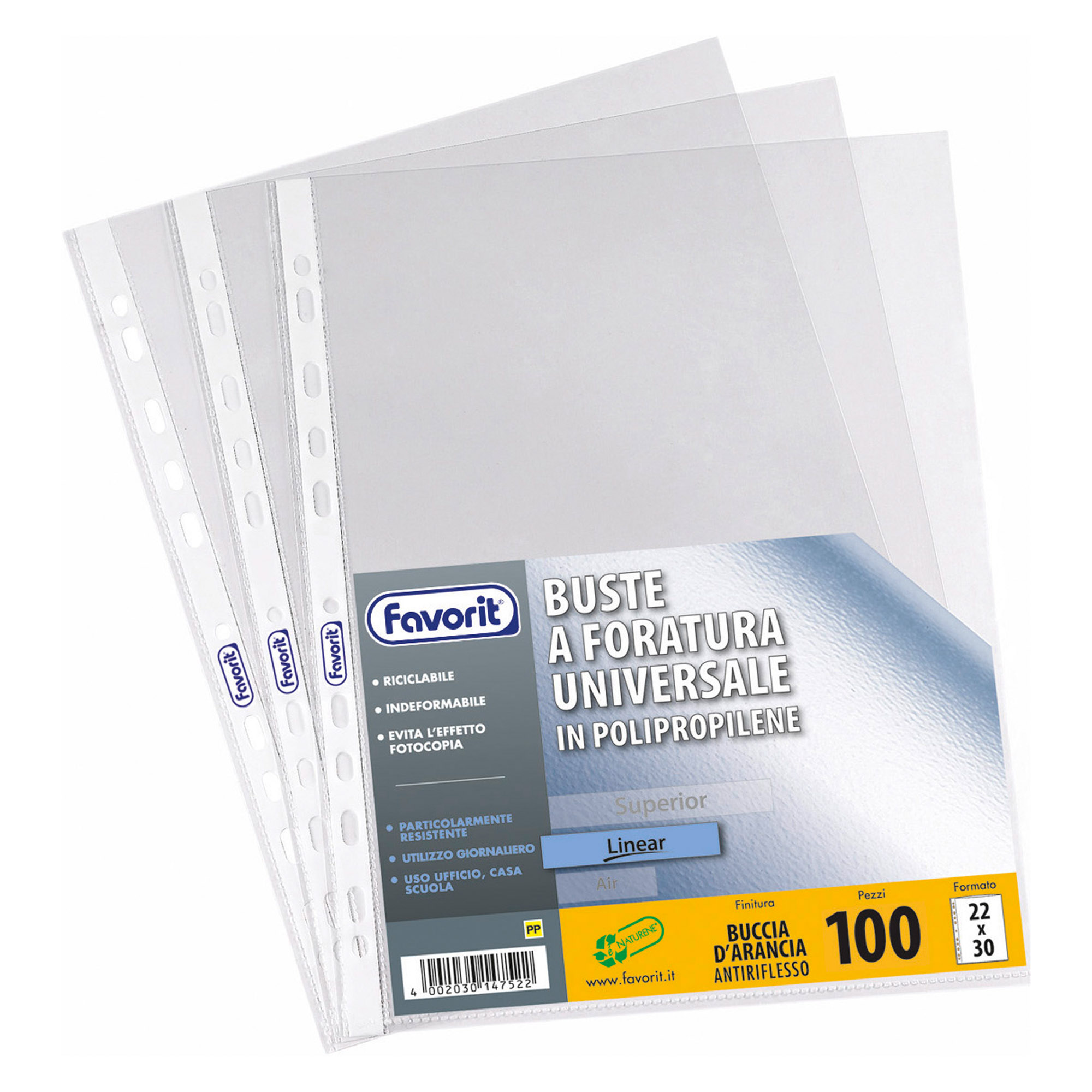 Buste a perforazione universale Bruneau goffrate trasparente polipropilene  75 µm 22 (l) x 30 (h) cm 50 unità su