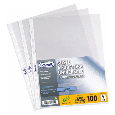 Buste a perforazione Universale Favorit Linear 22 x 30 cm trasparente polipropilene finitura goffrata a buccia d'arancia spessore medio 100 unità