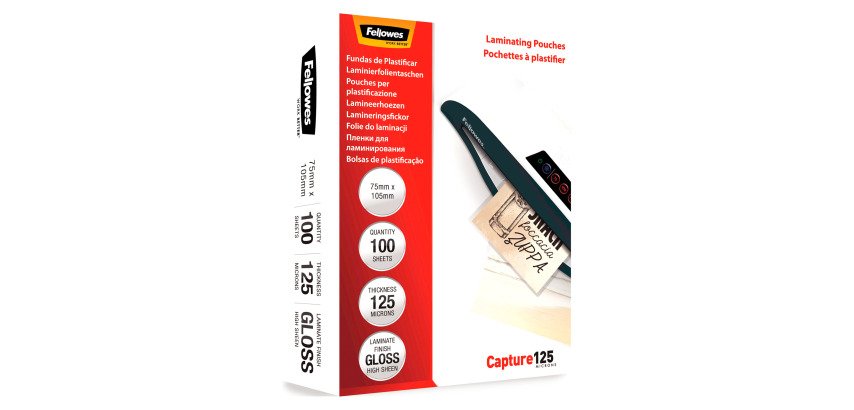Buste Pouches per plastificazione Fellowes 75 x 105 mm 125 micron finitura lucida in conf. da 100 pz