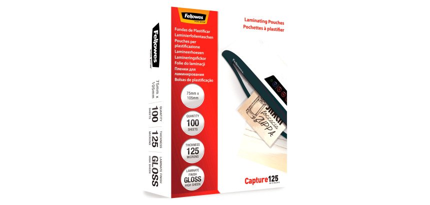 Buste Pouches per plastificazione Fellowes 75 x 105 mm 125 micron finitura lucida in conf. da 100 pz