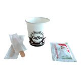 Kit con bustine di zucchero bianco+bicchierini+palettine legno incartate 50 unità