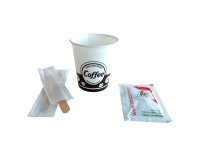 Kit con bustine di zucchero bianco+bicchierini+palettine legno incartate 50 unità