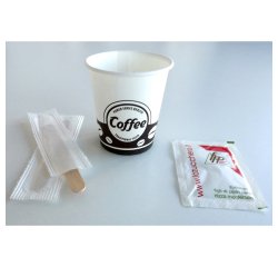 Kit con bustine di zucchero bianco+bicchierini+palettine legno incartate 100 unità