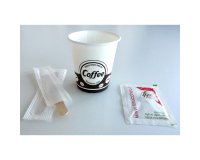 Kit con bustine di zucchero bianco+bicchierini+palettine legno incartate 100 unità
