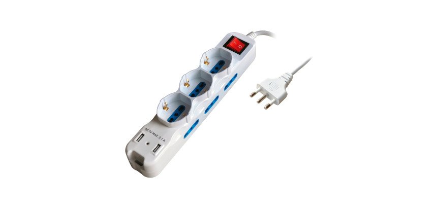 Multipresa con interruttore, 6 prese 10/16A bipasso +3 10/16A bipasso/schuko + 2 porte USB