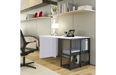 Smart Home Office workstation with bookcase, standard or foldable top, black metal frame
