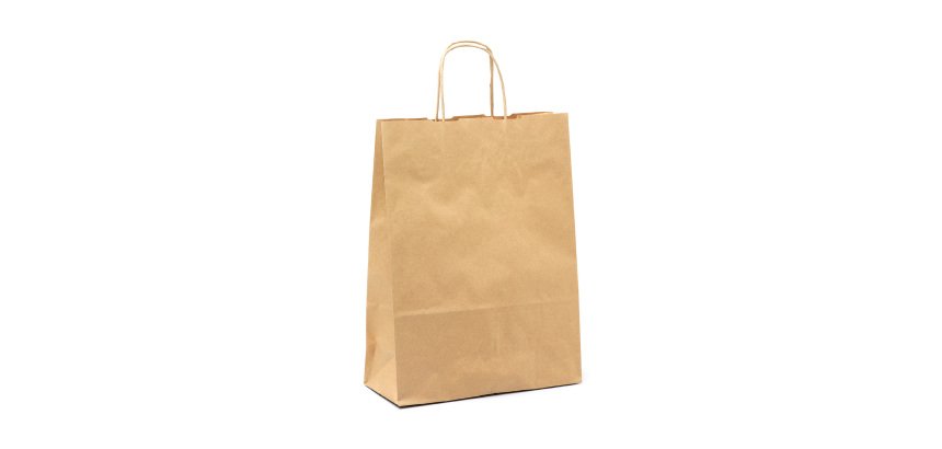 Buste shopper con cordino – carta Biokraft colore avana - Dimensioni (H x L x P): 41 x 36 x 12 cm - 25 unità