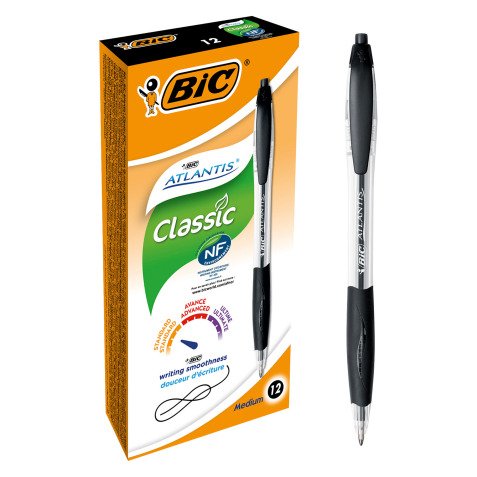 BIC Atlantis Classic Retractable Ballpoint Pen Grip Medium 0.4 mm Black Pack of 12