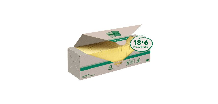 Post-it in carta riciclata Gialli 76 x 76 mm Confezione convenienza 18+6 unità