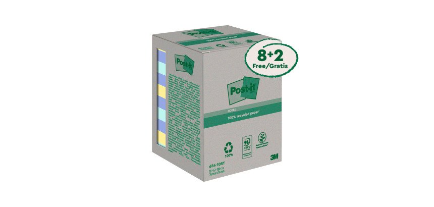 Post-it in carta riciclata Assortiti 76 x 76 mm Confezione convenienza 8+2 unità