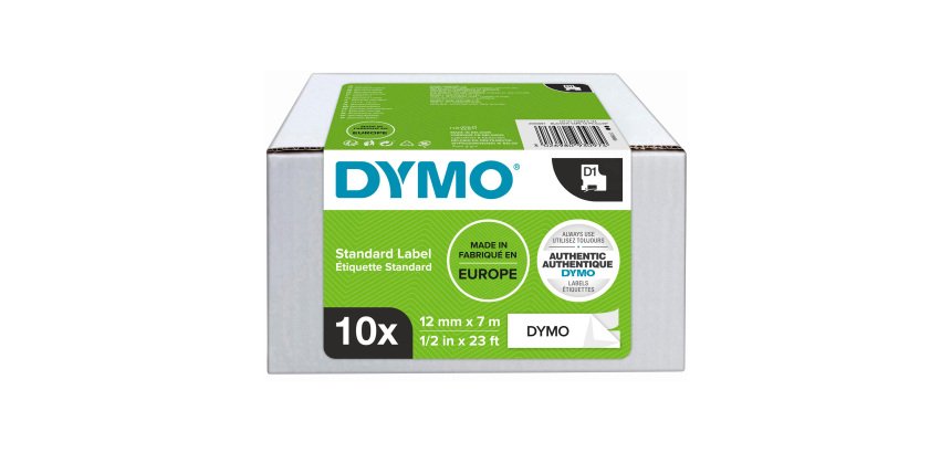 Dymo D1 2093097 / 45013 Authentic Label Tape Self Adhesive Black Print on White 12 mm x 7m Pack of 10