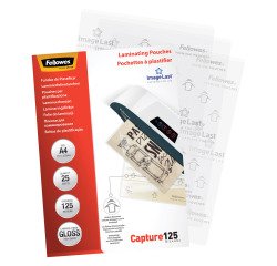 Paquete 25 Fundas de plastificación térmica A4 125 micras Fellowes Glossy