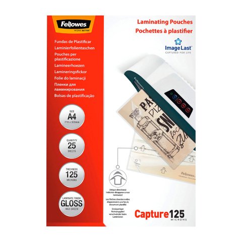 Paquete 25 Fundas de plastificación térmica A4 125 micras Fellowes Glossy