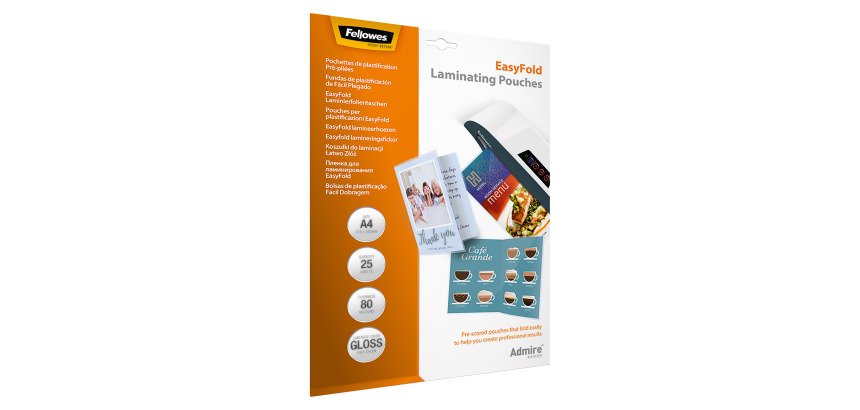 Boîte 25 pochettes de plastification pré pliées A4 80 µ brillantes Fellowes