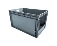 Caja de almacenamiento apilable conforme a la norma europea con pared abierta en un lado - 65 litros