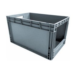 Caja de almacenamiento apilable conforme a la norma europea con pared abierta en un lado - 65 litros