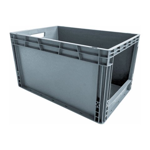 Caja de almacenamiento apilable conforme a la norma europea con pared abierta en un lado - 65 litros