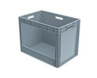 Caja de almacenamiento apilable estándar europeo con pared abierta en un lado - 90 litros