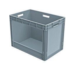 Caja de almacenamiento apilable estándar europeo con pared abierta en un lado - 90 litros
