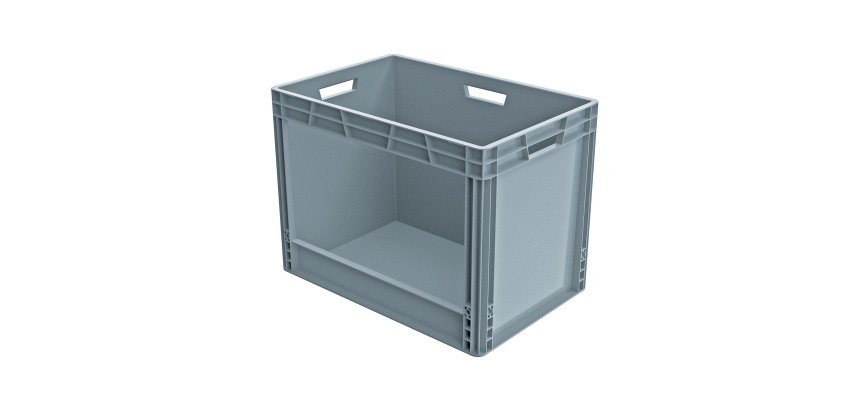 Bac de stockage plastique gerbable norme Europe avec paroi ouverte sur le côté  - 90 litres - dim : H 44,5 x L 40 cm