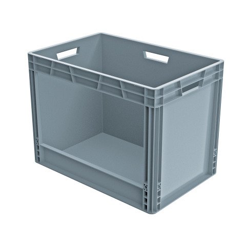 Caja de almacenamiento apilable estándar europeo con pared abierta en un lado - 90 litros