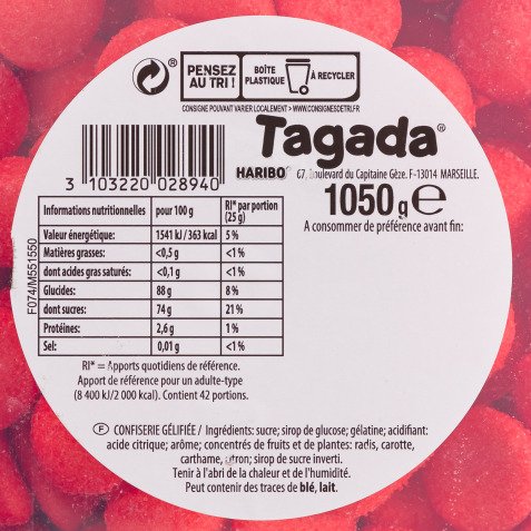Bonbons fraise tagada Haribo - Boîte de 1 kg