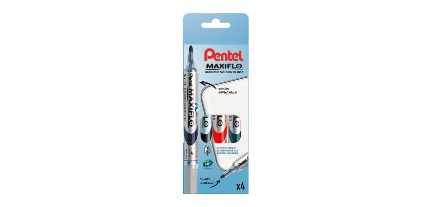 Marqueur effaçable Pentel Maxiflo pointe ogive 1,6 mm couleurs assorties - Pochette de 4