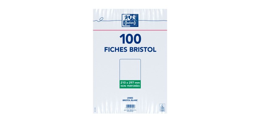 Fiche bristol 297 x 210 mm unie blanche non perforée Oxford - Boîte de 100
