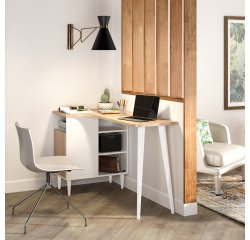 Bureau compact retour à gauche avec rangement, piétement bois - Nook