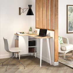 Bureau compact retour à gauche avec rangement, piétement bois - Nook