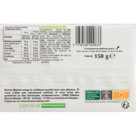 Sablés des prés sésames et tournesol Bonne Maman - Paquet de 150 g