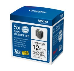 Pack met 5 gelamineerde linten Brother 12 mm TZE 231 wit met zwarte tekst