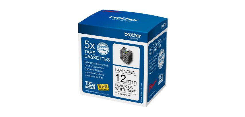 Pack de 5 rubans laminés Brother 12 mm TZE 231 blanc écriture noir