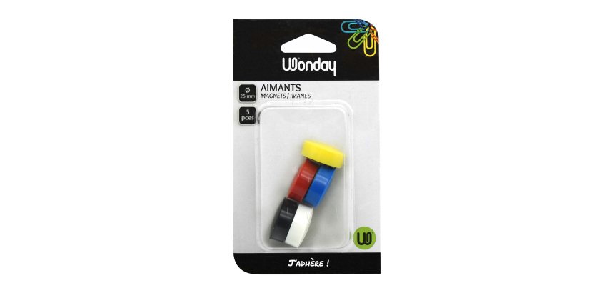 Plots magnétiques-aimants Ø 25 mm couleurs assorties - Lot de 5