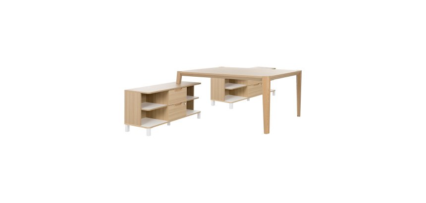 Bureau avec double retours en meuble de rangement, plateau L 160 x P 140 cm, piétement bois massif - Absolu