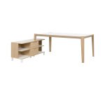 Bureau avec retour en meuble de rangement, plateau L 180 x P 90 cm, piétement bois massif - Absolu