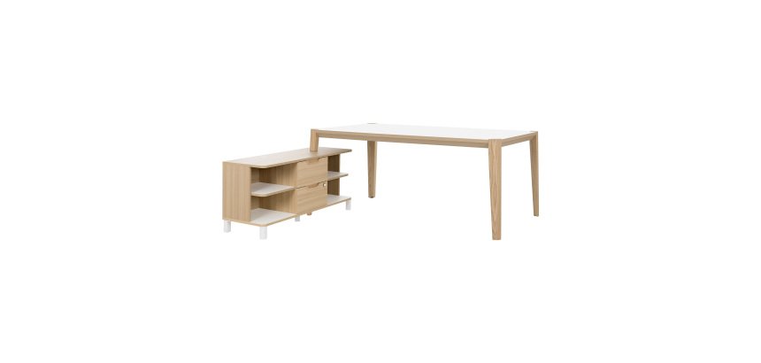 Bureau avec retour en meuble de rangement, plateau L 180 x P 90 cm, piétement bois massif - Absolu