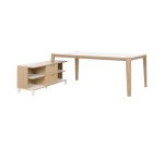 Bureau avec retour en meuble de rangement, plateau L 200 x P 90 cm, piétement bois massif - Absolu